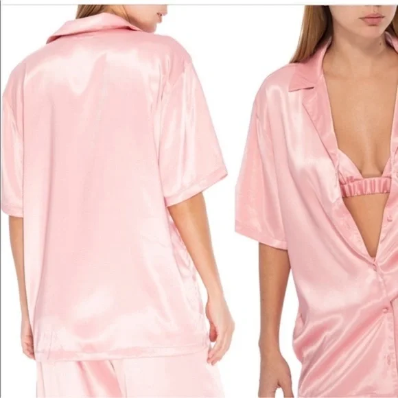AFRM Frieda Satin Shirt & Bra Set Blush Pink XS